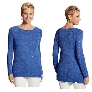 Chicos‎ Womens Sequin Sparkle Knit Tunic Sweater Size XL Blue Metallic Pullover